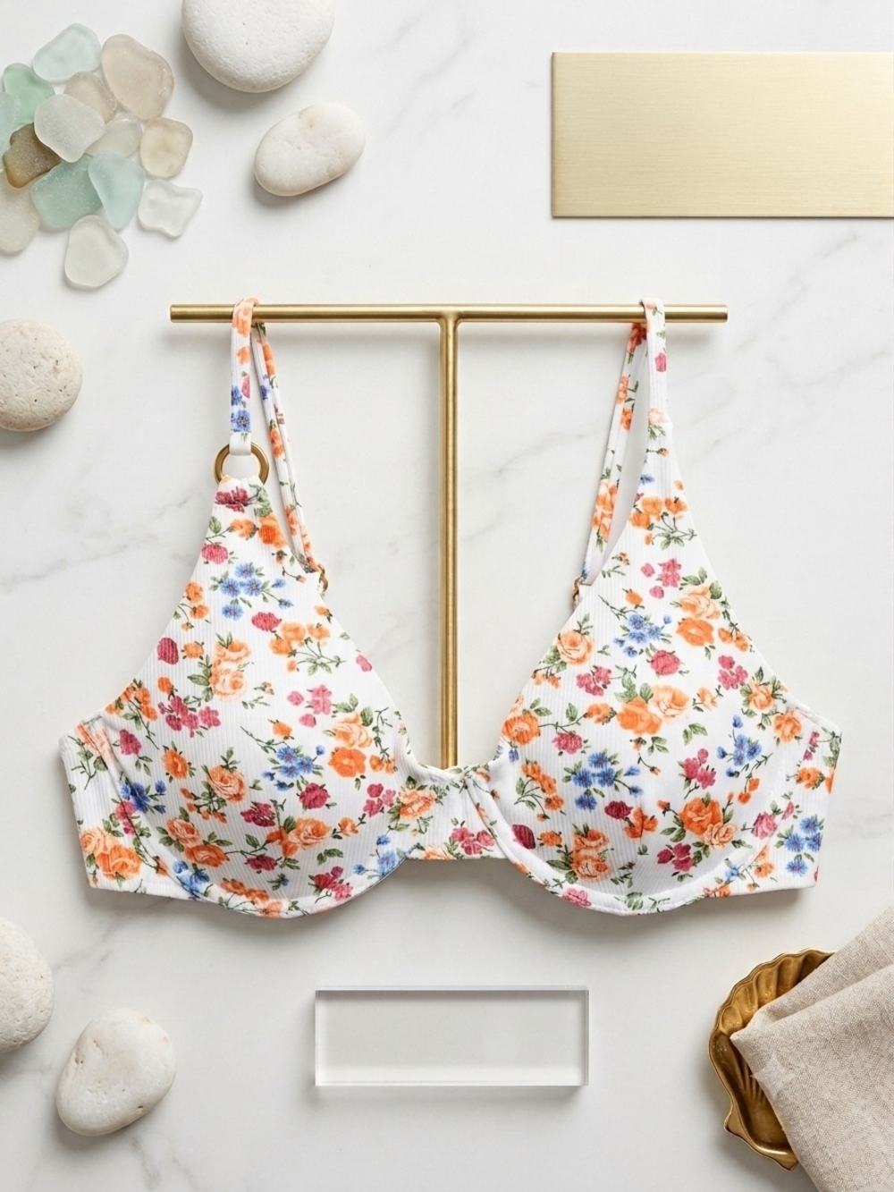 Floral Underwire Bikini Top- White with Orange & Blue Flowers